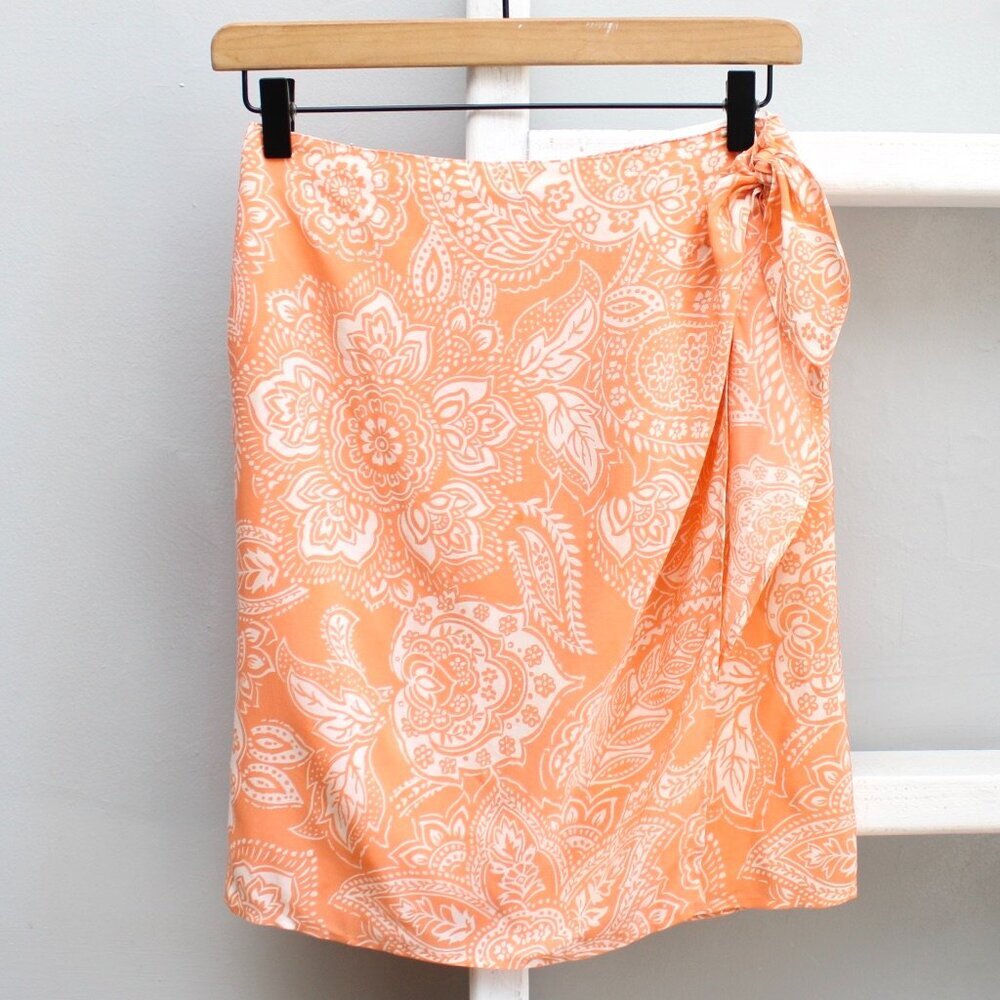 Saks 5th Avenue Folio Orange White Paisley Wrap Knot Tie Silk Mini Skirt Size 4